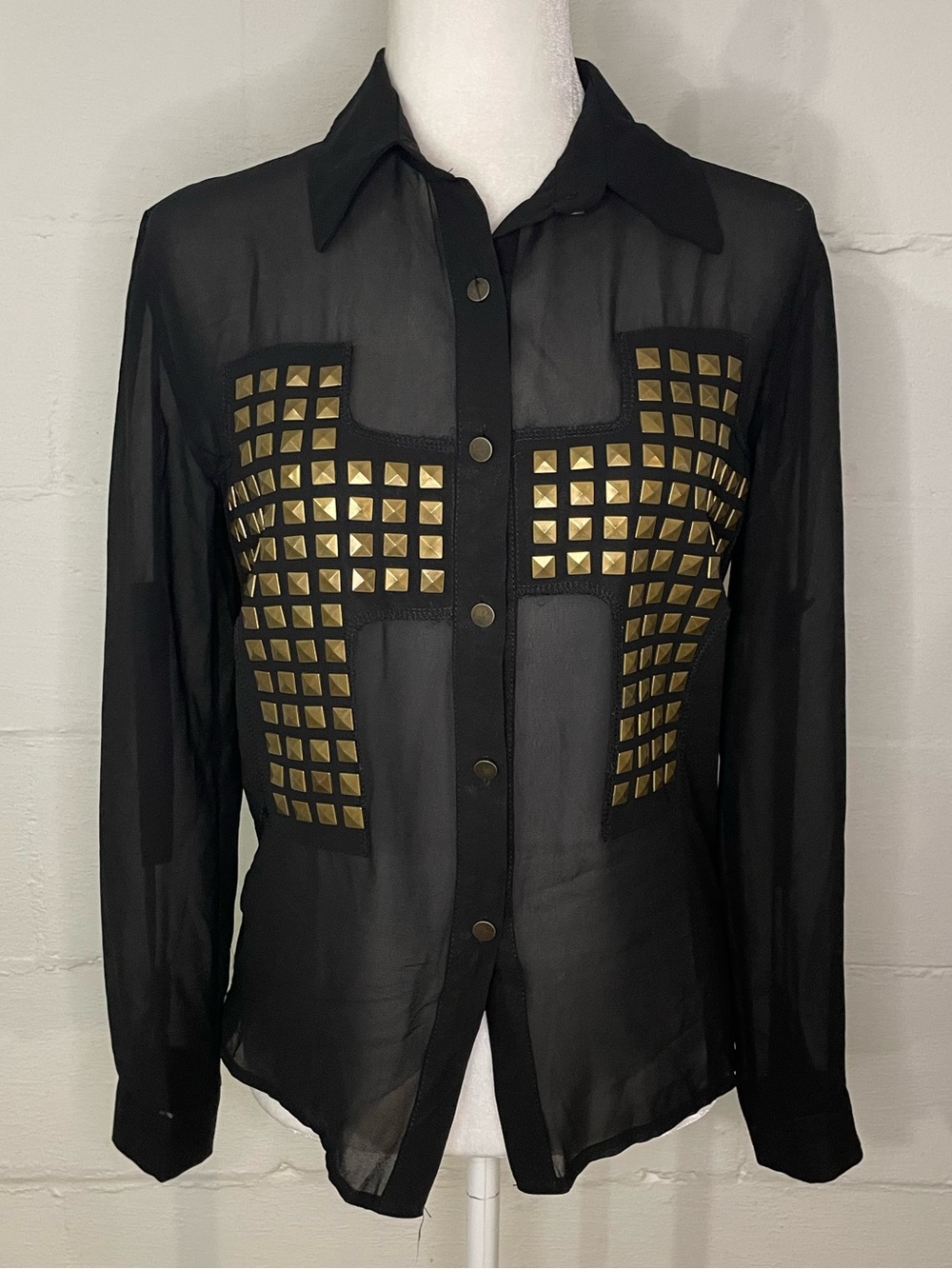 Black Sheer Button-Down Shirt with Gold Stud Panels